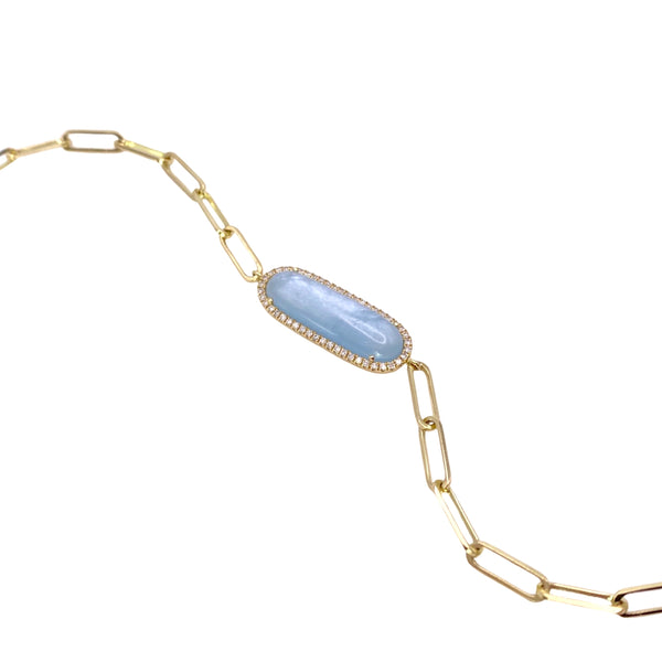 Meira T Milky Aquamarine Bar Bracelet available at Shaylula Jewlery & Gifts in Tarrytown, NY and online. Meira T’s feminine, modern jewels have cultivated a cult-like following and this bracelet is no exception! The dreamy aquamarine is surrounded by diamonds and is centered on a yellow gold paperclip chain. Love!  • 14k, .15 ct dia., 3.68 ct aquamarine  • 7"