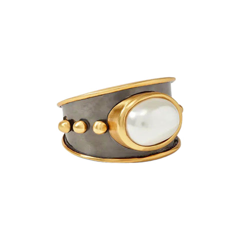 Julie Vos Soho Ring is Available at Shaylula Jewlery & Gifts in Tarrytown, NY and online. This Julie Vos mixed metal ring with statement pearl is the perfect "wear with everything" every day ring.  • 24K gold plate, oxidized silver, pearl • Size 7