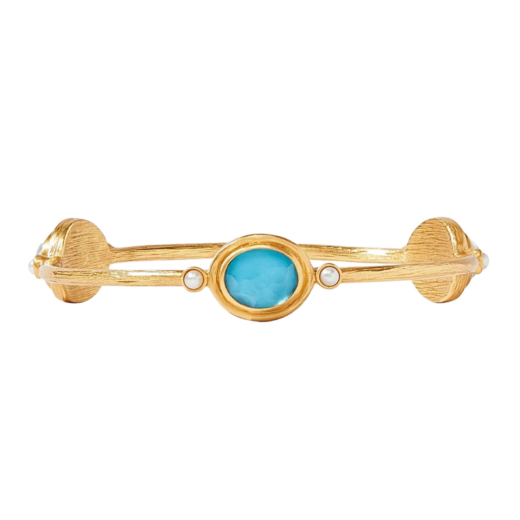 Julie Vos Simone Bangle Bracelet is Available at Shaylula Jewlery & Gifts in Tarrytown, NY and online. Stunning oval gemstone stations in an elegantly scored surround with pearl accents.