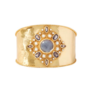 Julie Vos Monaco Cuff Bracelet Available at Shaylula Jewlery & Gifts in Tarrytown, NY and online. Lavish rose cut doublet gemstone set on a lightly hammered cuff, finished with pearls, faceted gems and twisted wire detailing. • 24K gold plate, charcoal blue doublet, pearl • 2.6 inches 