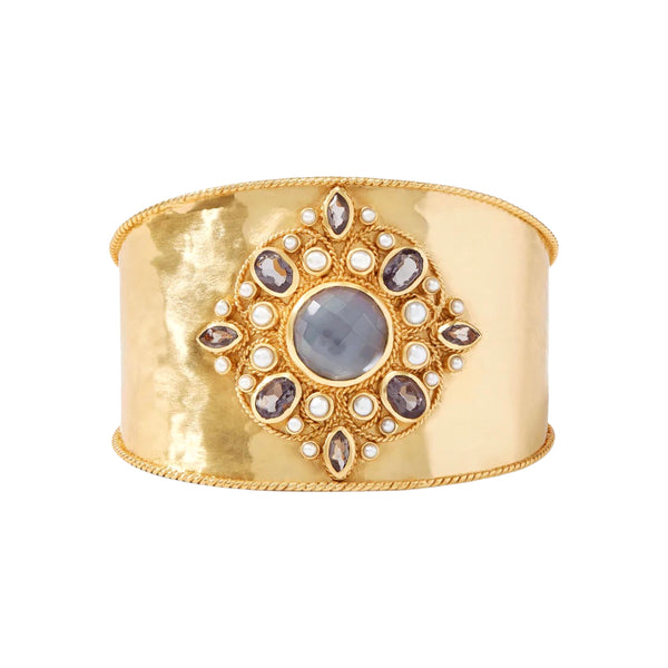Julie Vos Monaco Cuff Bracelet Available at Shaylula Jewlery & Gifts in Tarrytown, NY and online. Lavish rose cut doublet gemstone set on a lightly hammered cuff, finished with pearls, faceted gems and twisted wire detailing. • 24K gold plate, charcoal blue doublet, pearl • 2.6 inches 