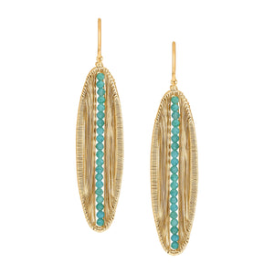 Dana Kellin Elongated Pod Earrings available at Shaylula Jewlery & Gifts in Tarrytown, NY and online. Accented with sparkling, faceted amazonite, these elongated pod earrings handcrafted by Dana Kellin are a perfect fusion of organic and modern styling.  • 14k gold fill, amazonite  • 2.125" L x .44"  W  • Earwire