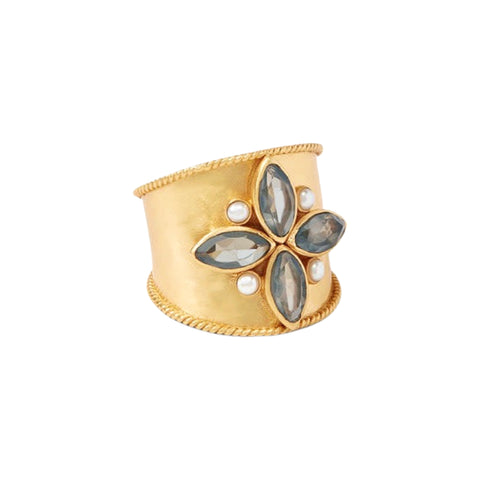 Julie Vos Monaco Ring is Available at Shaylula Jewlery & Gifts in Tarrytown, NY and online. This regal Julie Vos Monaco Ring in iridescent charcoal blue and pearl makes an elegant statement.  • 24K gold plate, charcoal blue, pearl • Size 7