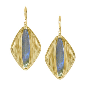 Dana Kellin Luxe Labradorite Earrings available at Shaylula Jewlery & Gifts in Tarrytown, NY and online. You’ll be ready for your close up in these dramatic, golden earrings. Elongated labradorite ovals are encased in Dana Kellin's signature cocoon wrapping.  • 14k gold fill, labradorite  • 1.7" L x .875"  W