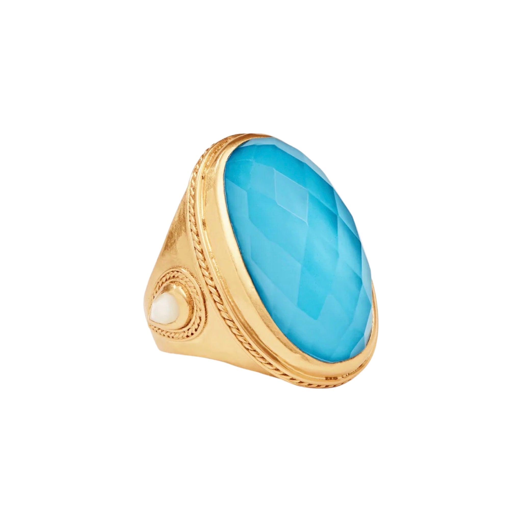 Julie Vos Cassis Statement Ring  is Available at Shaylula Jewlery & Gifts in Tarrytown, NY and online. This Julie Vos Cassis Statement Ring features a radiant doublet gemstone with pear shape mother of pearl accents and twisted wire detail.  • 24K gold plate, iridescent pacific blue mother of pearl doublet, pearl • Size 8