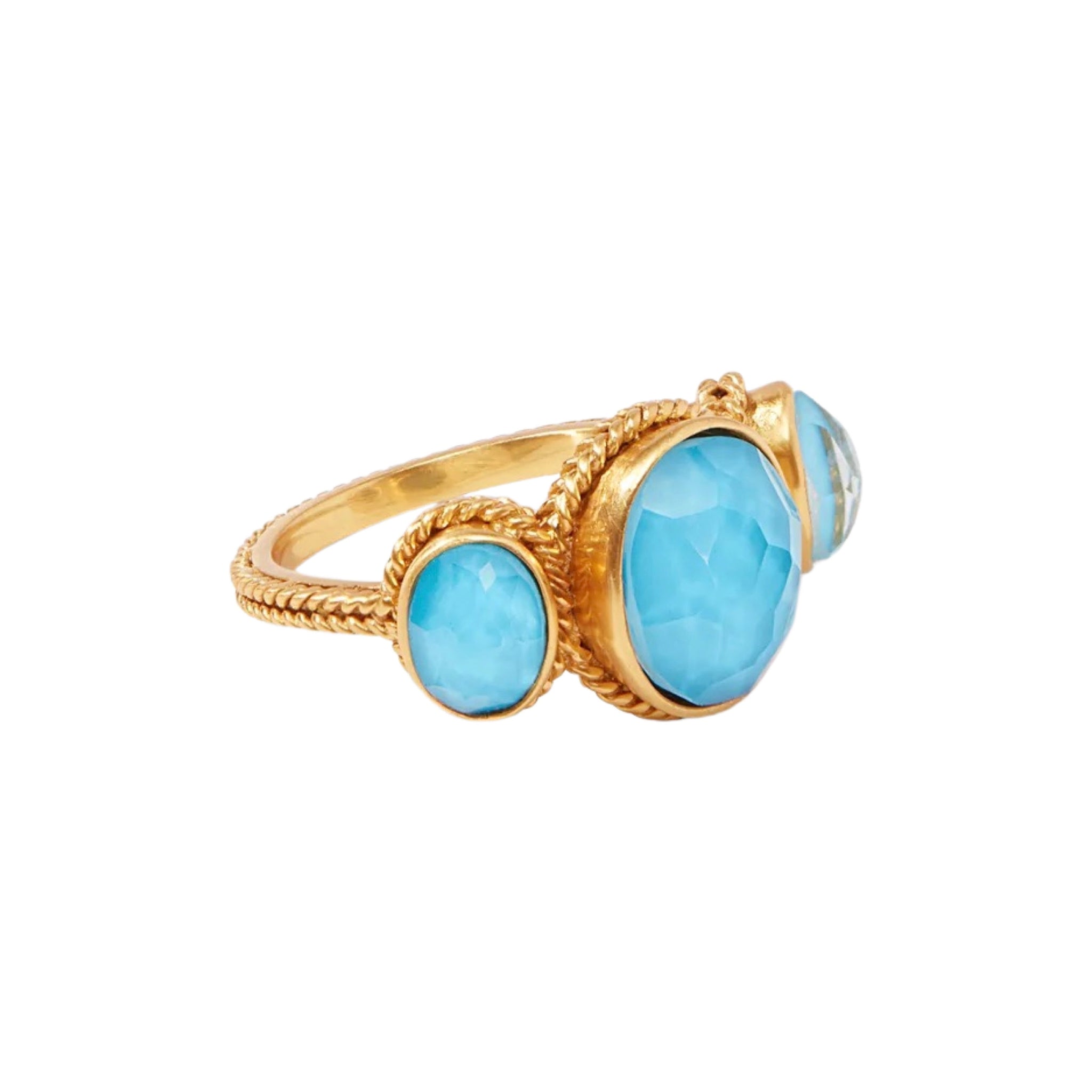 Julie Vos Calypso Ring is Available at Shaylula Jewlery & Gifts in Tarrytown, NY and online. This Julie Vos Calypso Ring features a  rose-cut oval gemstones of imported glass in an elegant chevron surround.  • 24K gold plate, iridescent pacific blue mother of pearl doublet • Size 7